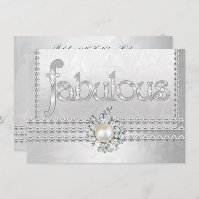 Fabulous Birthday Party Silver White Diamond Pearl Invitation (Front/Back)