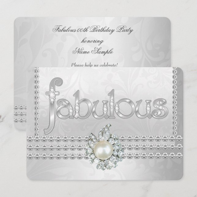 Fabulous Birthday Party Silver White Diamond Pearl Invitation (Front/Back)