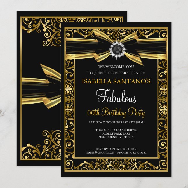 Fabulous Birthday Pearl Gold Lace Bow Black Invite (Front/Back)