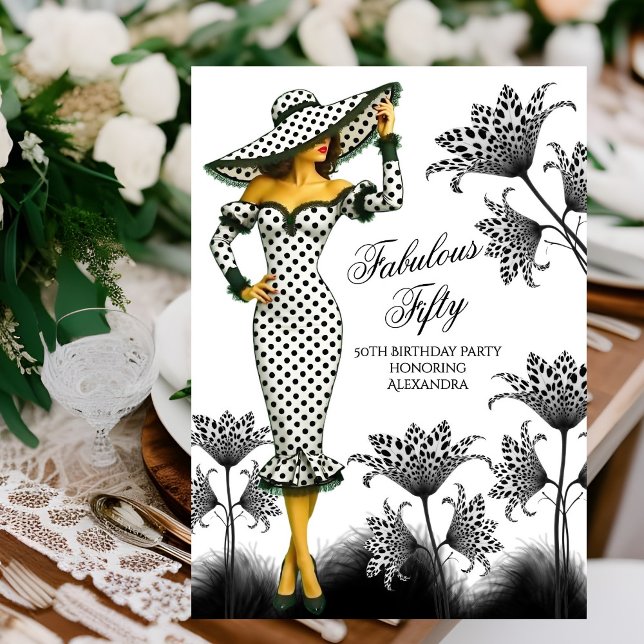 Fabulous Birthday Polka Dot Woman Black White Invitation (Creator Uploaded)