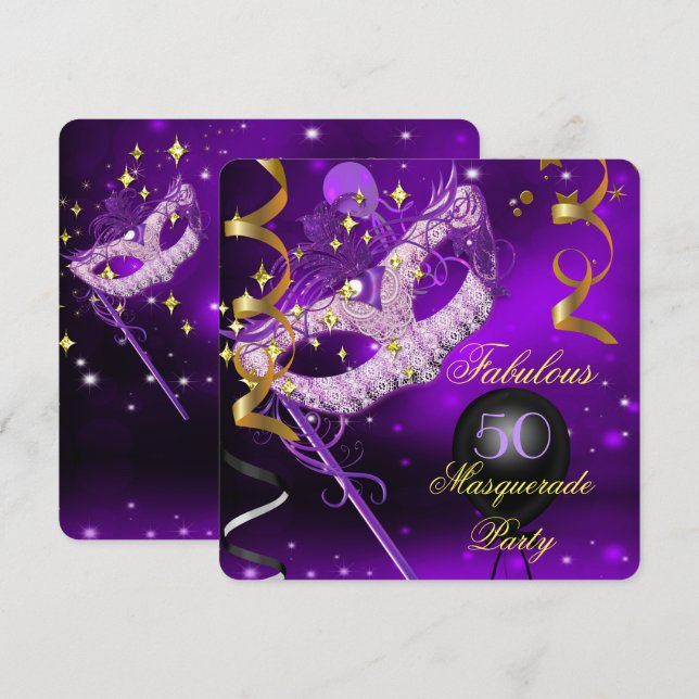 Fabulous Birthday Purple Gold Masquerade Party Invitation (Front/Back)