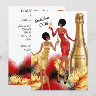 Fabulous Birthday Red Gold Dresses Champagne Party Invitation