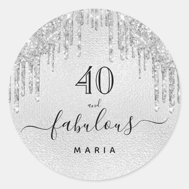 Fabulous birthday silver glitter classic round sticker (Front)