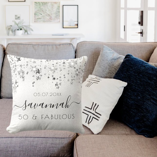 Fabulous birthday silver monogram sparkle throw pillow (Creator Uploaded)