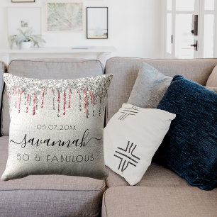 Fabulous birthday silver pink glitter drips name throw pillow