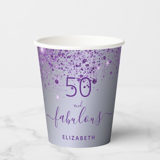 Fabulous birthday silver purple glitter monogram  paper cups (Front)