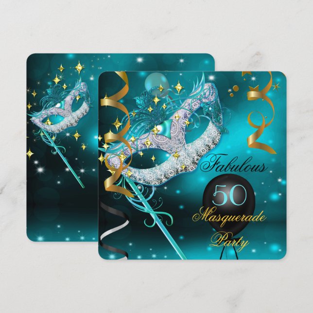 Fabulous Birthday Teal Gold Masquerade Party Invitation (Front/Back)
