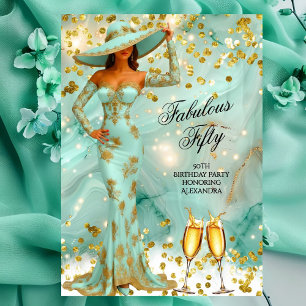Fabulous Birthday Teal White Gold Woman Champagne Invitation