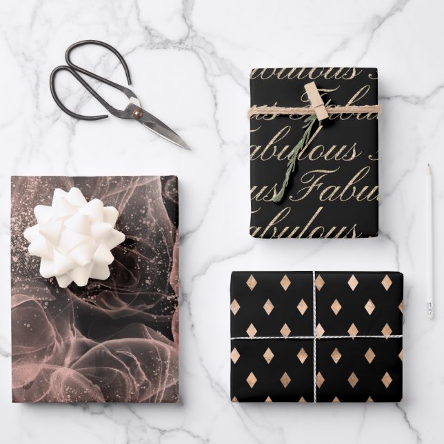 Fabulous Black Gold Dusty Rose Abstract Pattern Wrapping Paper Sheet (Front)