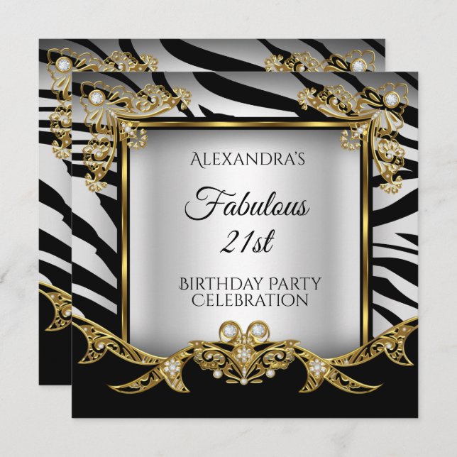 Fabulous Black White Zebra Gold 21st Birthday Invitation (Front/Back)