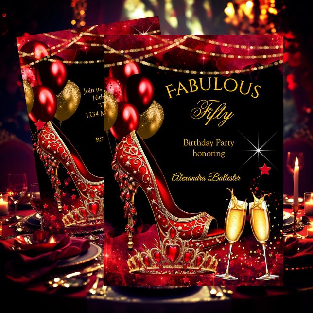 Fabulous Champagne birthday party Red Gold Heel Invitation (Creator Uploaded)