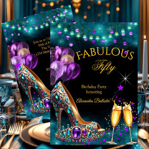 Fabulous Champagne birthday Purple Teal Gold Heel Invitation
