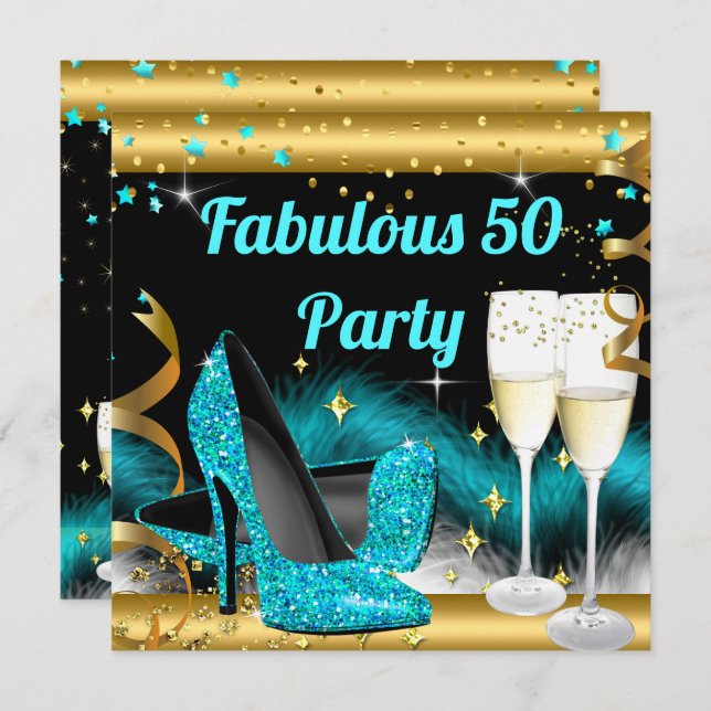 Fabulous Champagne Party Teal Blue High Heels Invitation (Front/Back)
