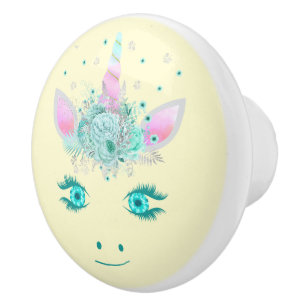 Fabulous Cute Unicorn Flowers Face 1 Ceramic Knob