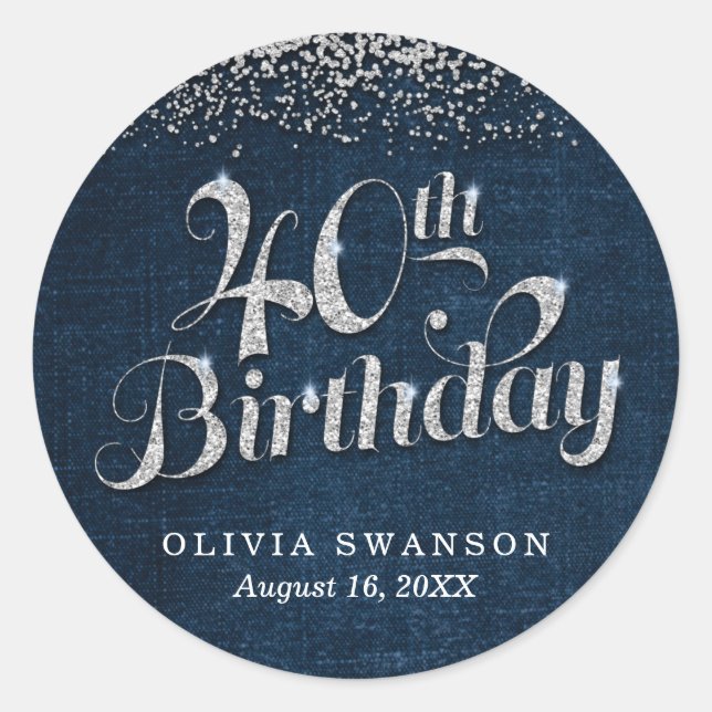 Fabulous Denim & Diamonds 40th Birthday Classic Round Sticker (Front)