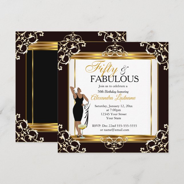 Fabulous Diva deco Lady Gold Black 50th Birthday Invitation (Front/Back)