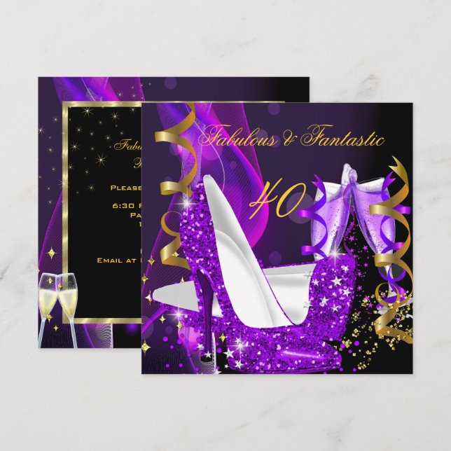 Fabulous Fantastic Modern Purple Gold Birthday 3 Invitation (Front/Back)