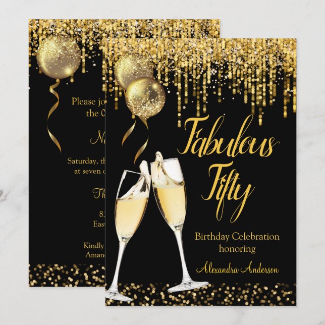Fabulous Fifty Birthday Glitter Gold Champagne 2 Invitation (Front/Back)