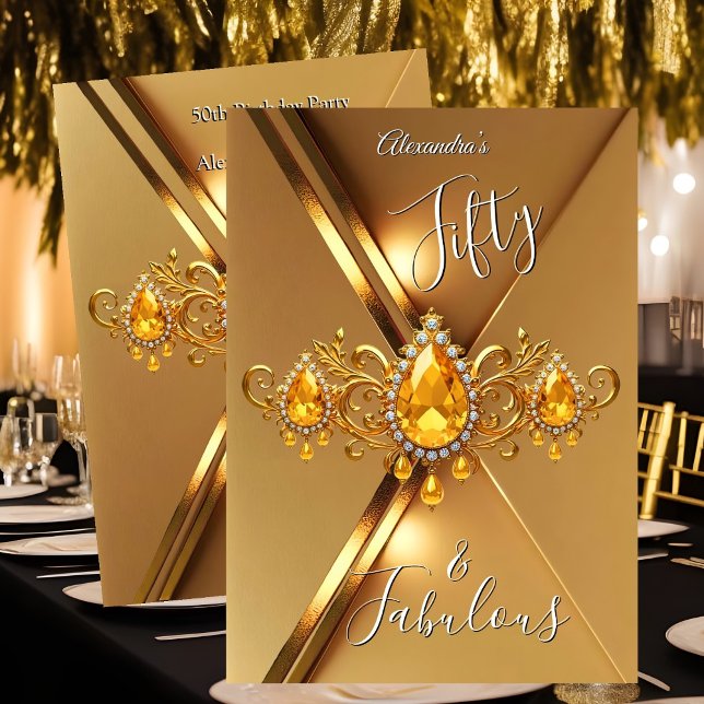Fabulous Fifty Birthday Party Yellow Gold Gems Invitation (Creator Uploaded)