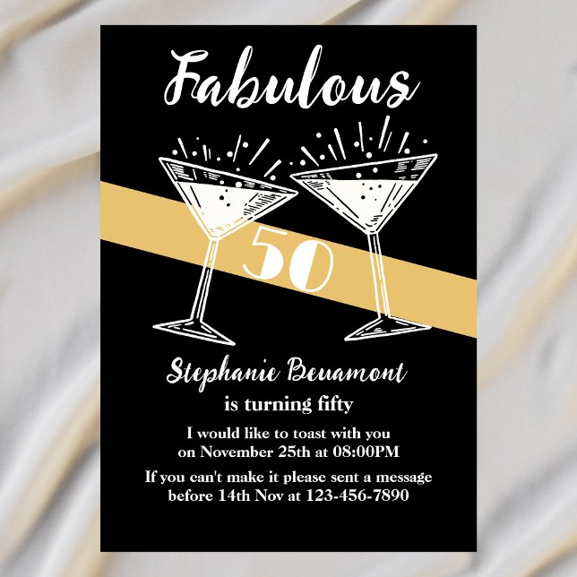 Fabulous Fifty Cocktail Black Gold 50th Birthday Invitation (Creator Uploaded)