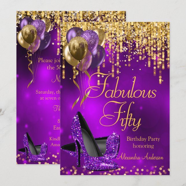 Fabulous Fifty Party Purple Glitter Gold High Heel Invitation (Front/Back)
