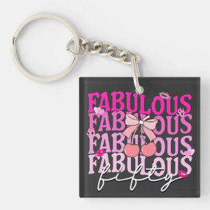 Fabulous Fifty Pink Gradient Cherry Bow Birthday Keychain