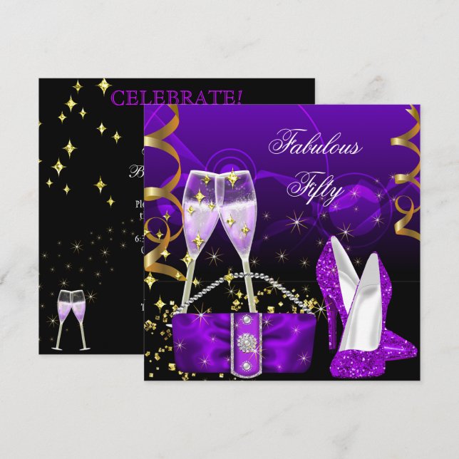 Fabulous Fifty Purple Glitter High Heels Party Invitation (Front/Back)