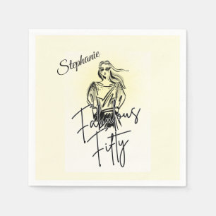 Fabulous Fifty Woman White Sketch 50th Birthday Napkin