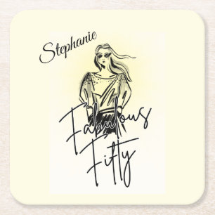 Fabulous Fifty Woman White Sketch 50th Birthday Square Paper Coaster