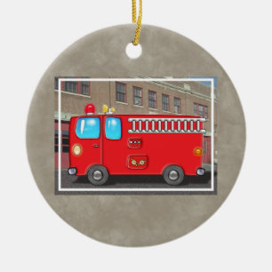 Fabulous Fire Truck and Fire Station Ceramic Ornament