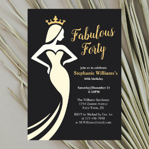 Fabulous Forty Queen Golden Black 40th Birthday Invitation