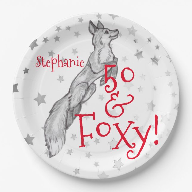 Fabulous Foxy 50th Birthday Black White Red Fox    Paper Plate (Front)