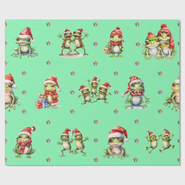 Fabulous Frogs Christmas Holiday on Green Wrapping Wrapping Paper (Flat)