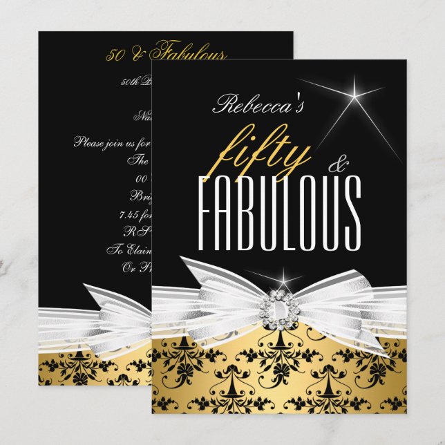 Fabulous Gold Black Damask 50th Birthday Party Invitation (Front/Back)