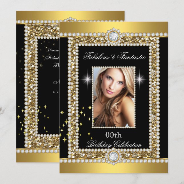 Fabulous Gold Black Glamour Hollywood Diamond Invitation (Front/Back)
