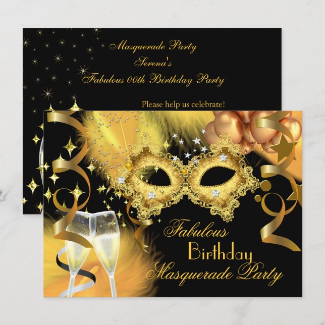 Fabulous Gold Black Masquerade Birthday Party Invitation (Front/Back)