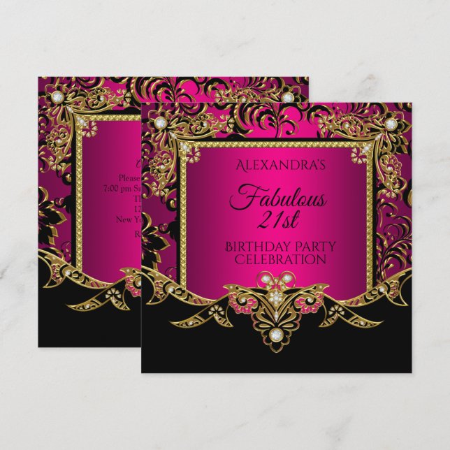Fabulous Gold Hot Pink Black 21st Birthday Party Invitation (Front/Back)