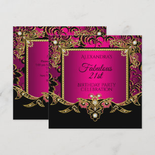 Fabulous Gold Hot Pink Black 21st Birthday Party Invitation