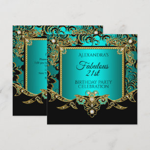 Fabulous Gold Teal BLUE Black 21st Birthday Party Invitation