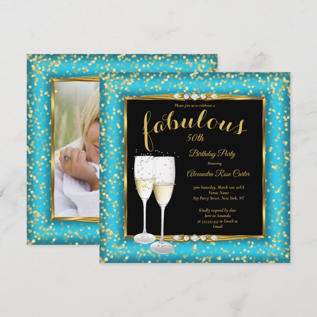 Fabulous Gold Teal blue Champagne Photo Birthday 2 Invitation (Front/Back)