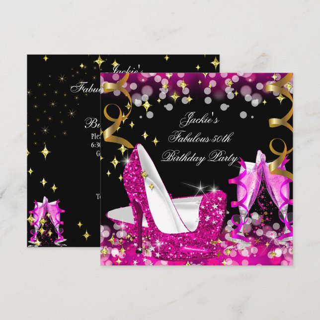 Fabulous Hot Pink Glitter High Heel 50th Birthday Invitation (Front/Back)