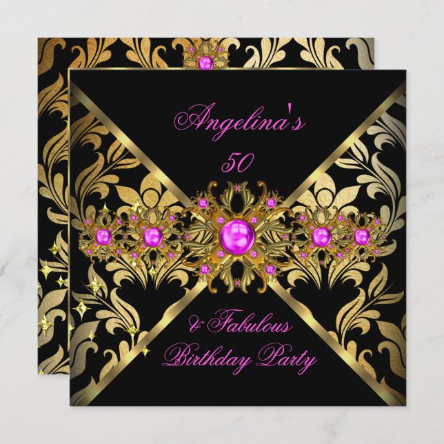 Fabulous Hot Pink Gold Black Damask Invitation (Front/Back)