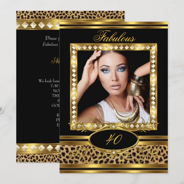 Fabulous Leopard Birthday Party Black Gold Photo 2 Invitation (Front/Back)