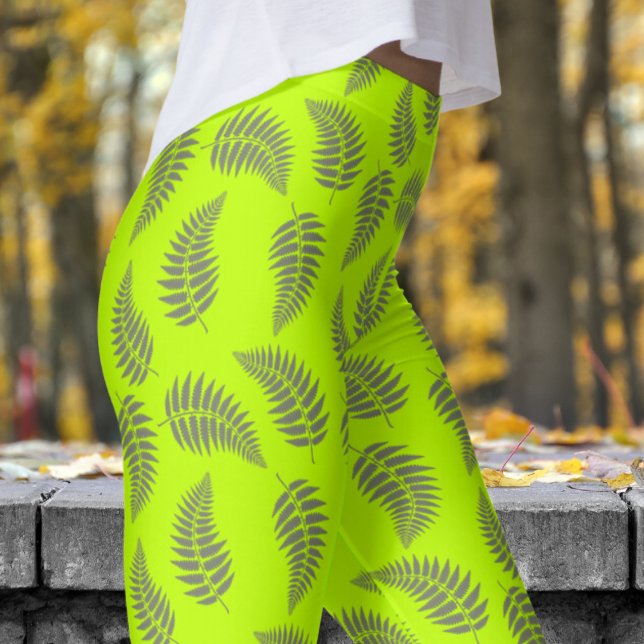 Fabulous Lime Green Fern Pattern Leggings (Bitter Lime Fern Pattern Leggings)