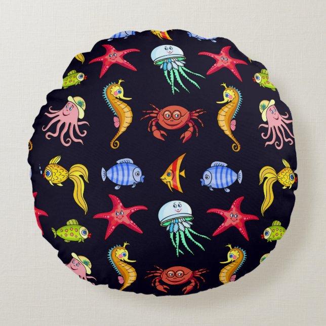 Fabulous nautical pattern with a fun orange sea ho round pillow (Front)