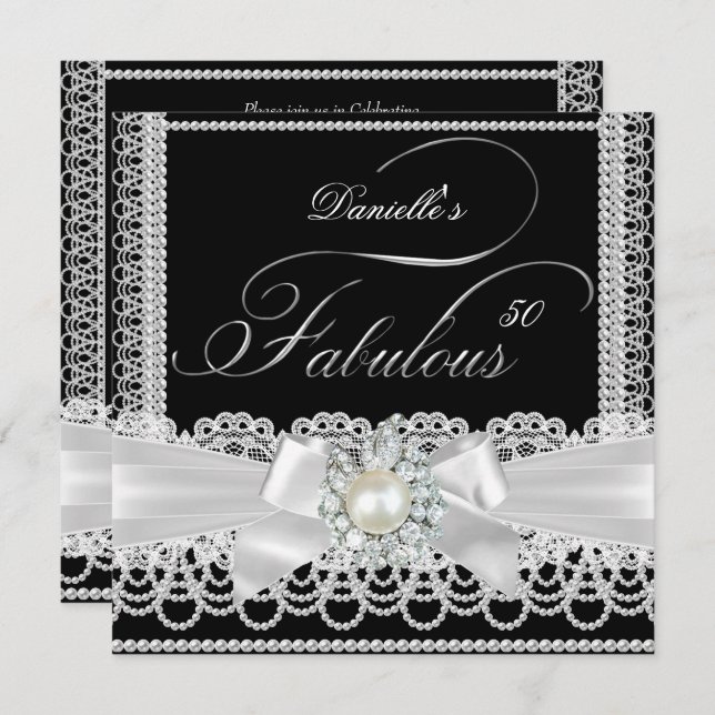 Fabulous Party Black White Pearl Lace Bow Invitation (Front/Back)