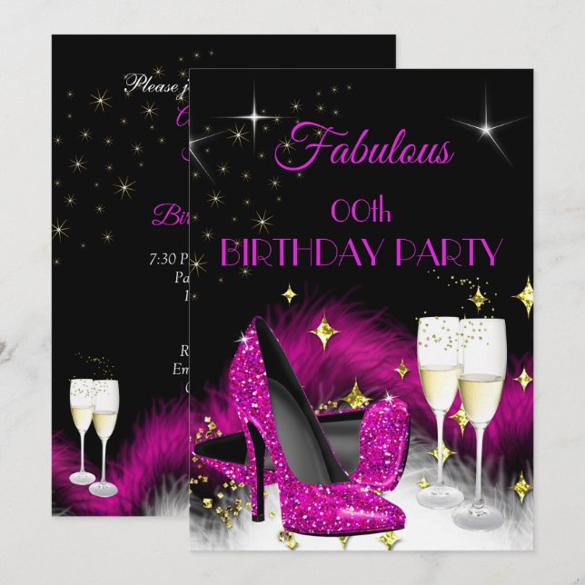 Fabulous Party Glitter Hot Pink Champagne Invitation (Front/Back)