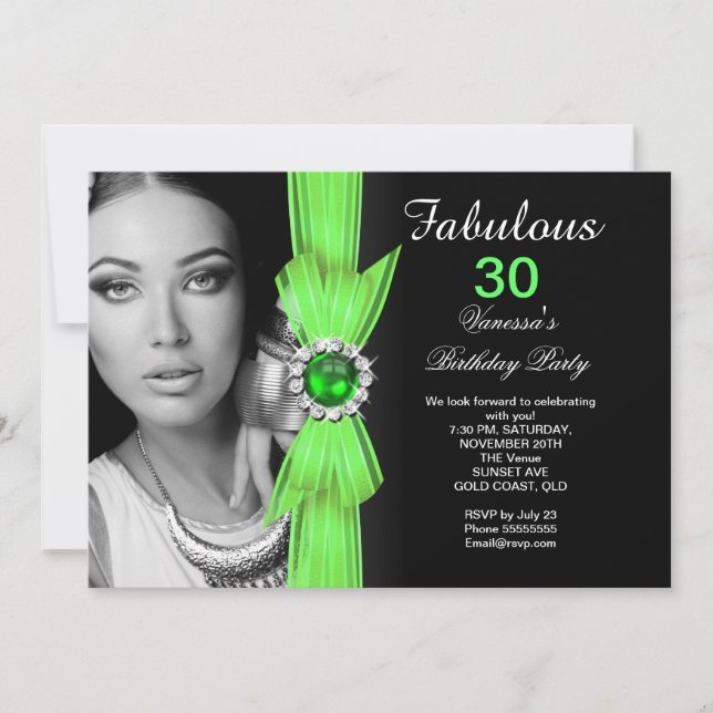 Fabulous Photo Birthday Party Lime Green Black Invitation (Front)