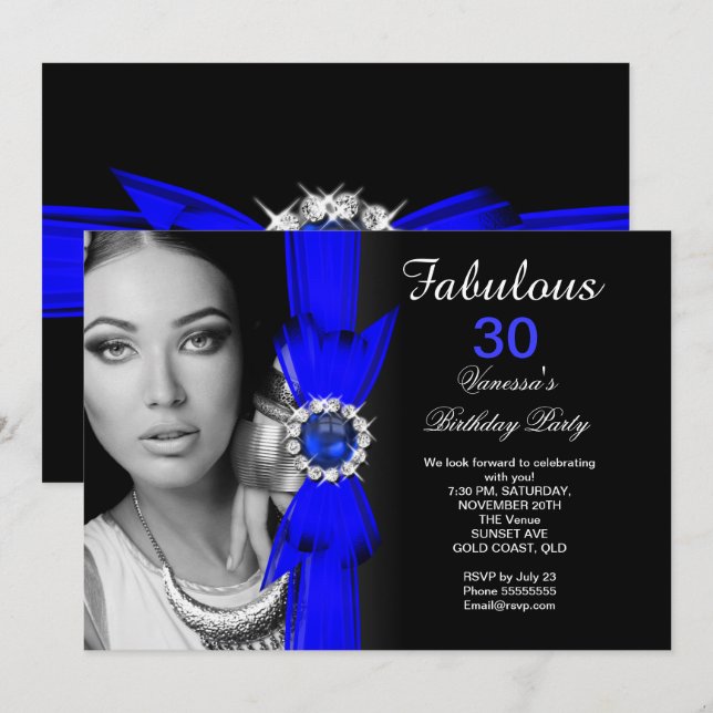 Fabulous Photo Birthday Party Royal Blue Black Invitation (Front/Back)