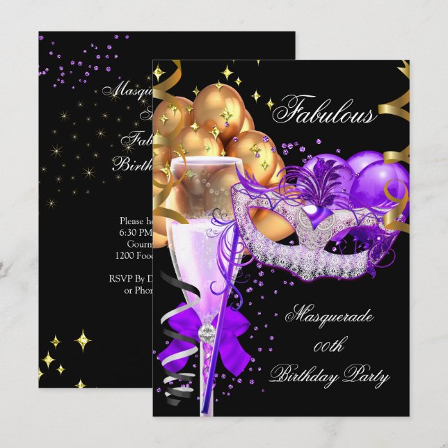 Fabulous Purple Gold Black Masquerade Party 4 Invitation (Front/Back)
